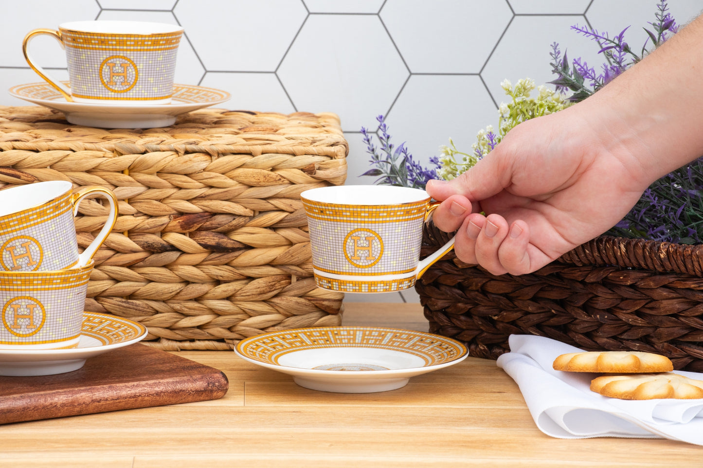 Royalty Porcelain Tea Set - Luxurious 12 Piece Service for 6 - Ornate Mosaic and 24K Gold Leaf Accents - 6 oz Cups and Saucers - Tea Party Set for Black Tea, Cappuccino or Decor