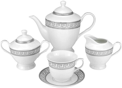 Vintage Platinum 57-pc Dinnerware Set for 8 'Greek Key' Silver, Fine Porcelain