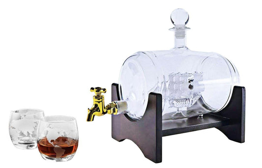 Front view of etched globe glass decanter with stopper