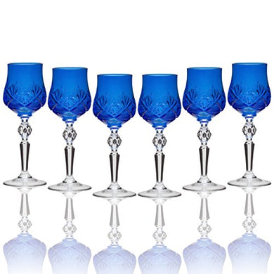 SET of 6 Handmade Russian CUT Crystal - BLUE Color Old-Fashioned Shot Glasses on a Long Stem, 60ml/2oz Crystal Sherry Glass Shooters / Cordial