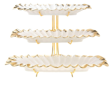 (D) White Ceramic 3-Tier Tray with Gold Accents - Perfect Serving Platter12.5 L