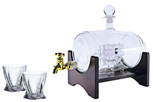 Front view of the ship-etched whiskey decanter showing full nautical motif
