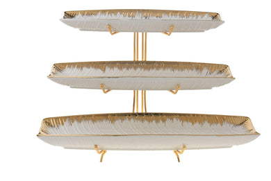 (D) White Ceramic 3-Tier Tray with Gold Accents Porcelain with Gold Edge