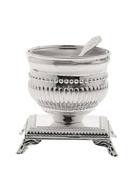 (D) Single Metal Bowl Salt Dish with Spoon on a Base, Silver Plated Salt Shaker 3x3x3 (Beaded)