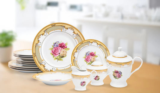 Porcelain Dinnerware Set for 8 - 57 Piece Vintage Dining Set - Includes Plates, Bowls, Cups and Saucers - For Everyday Use and Formal Occasions