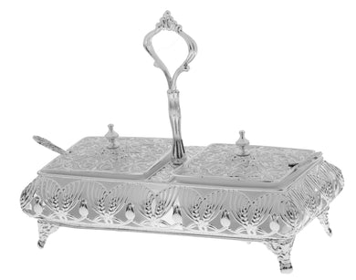 (D) Silver Plated Glass 2-Sectional Serving Dish with Cover and Spoon