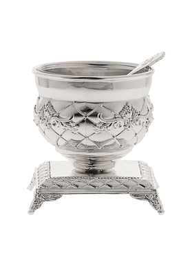 (D) Single Metal Bowl Salt Dish with Spoon on a Base, Silver Plated Salt Shaker 3x3x3 (Floral)