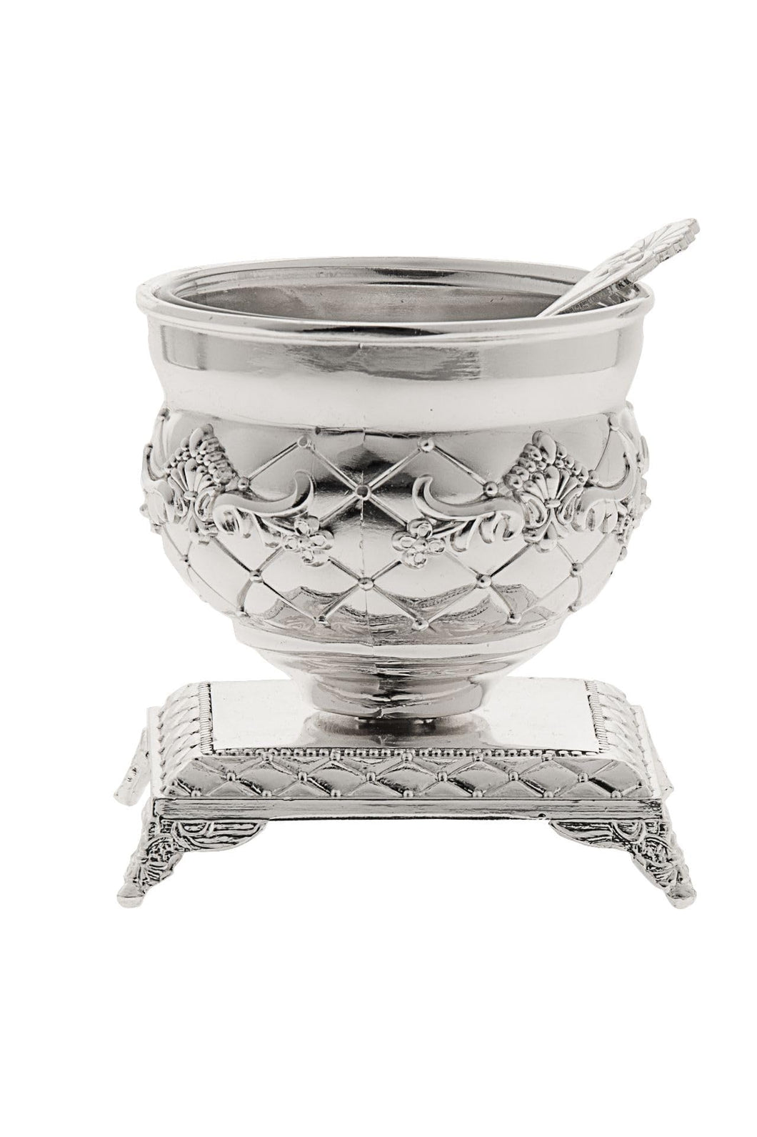 (D) Single Metal Bowl Salt Dish with Spoon on a Base, Silver Plated Salt Shaker 3x3x3 (Floral)