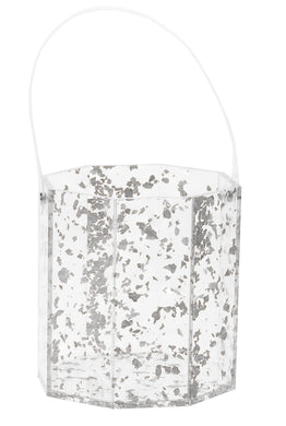 (D) Lucite Ice Bucket Adorned with Luxurious Flakes 5.35 H Hexagon (Silver)