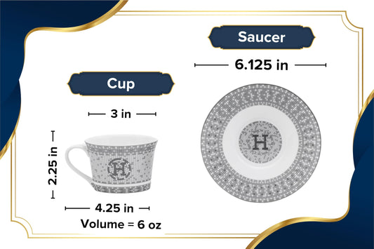 Porcelain Tea Set for 6 - Cups (6 oz) and Saucers - 12 Piece Tea Party Set for Black Tea, Cappuccino or Decor - Gorgeous Mosaic Design with Silver Accents - For All Occasions (12 Piece Set)