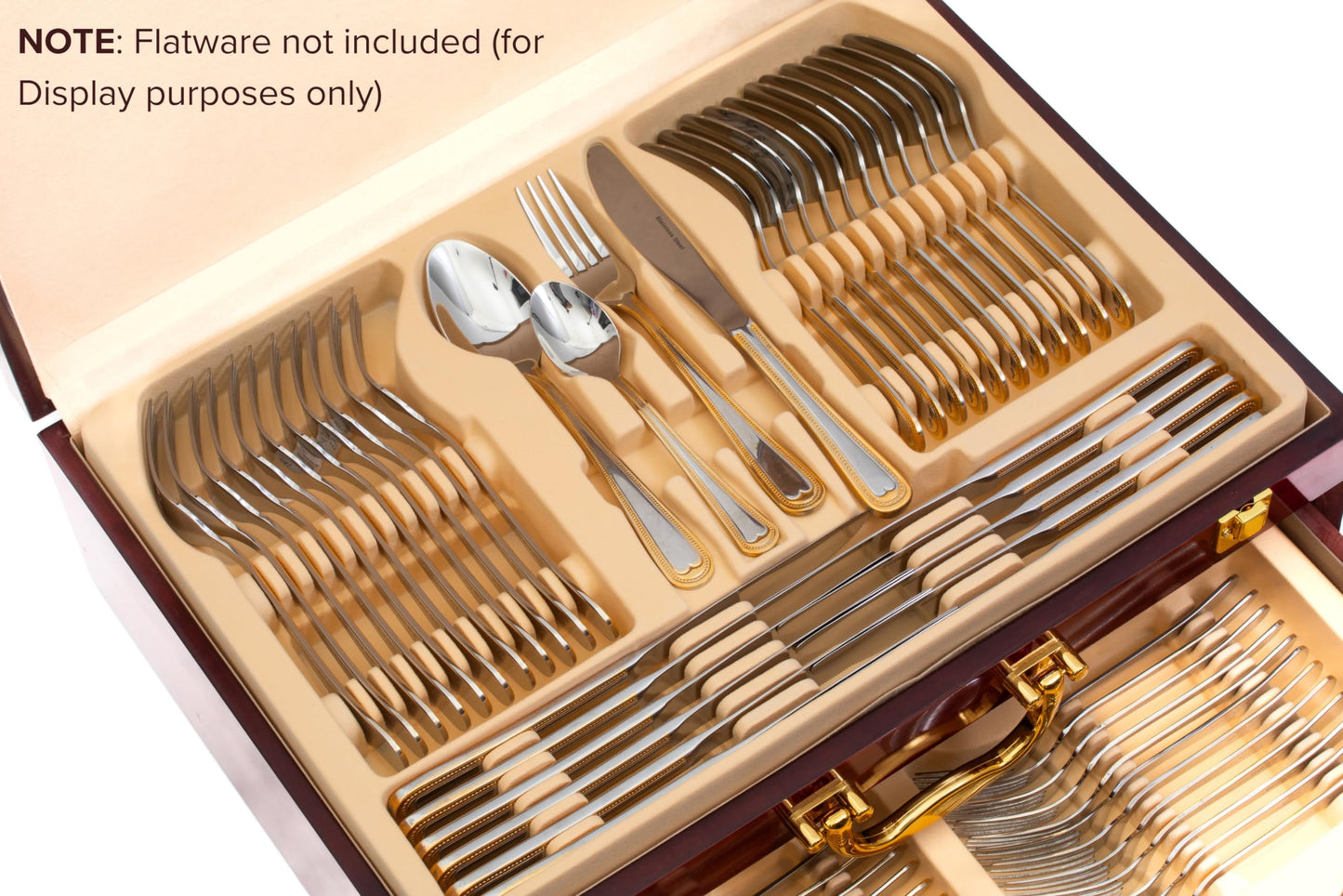 Flatware Storage Box with Drawer - For Up To 75 Piece Sets High-Gloss Case with Lid and Gold-Plated Handles, Red Wood Style Chest with Cream Interior Trays - Italian Collection Silverware Organizer