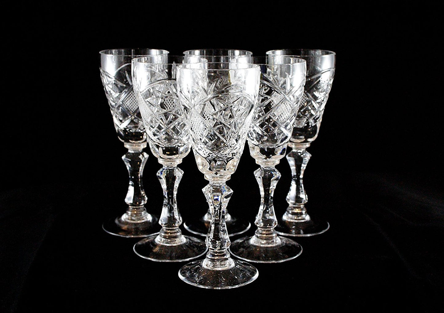 Set of 6 Vintage Cut Tulip Shaped Crystal Glasses on Stem Tequila/Vodka/Liquor 2 oz