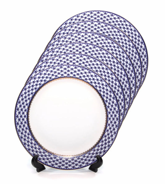 SET of 6 Dinner Plates 10.5" Lomonosov Porcelain - Russian Cobalt Blue Net, 24K