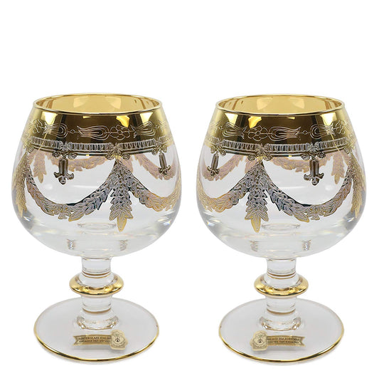 Interglass Italy Luxury Clear Crystal Cognac Glasses, 24k Gold-Plated Set of 2, 6, or 12