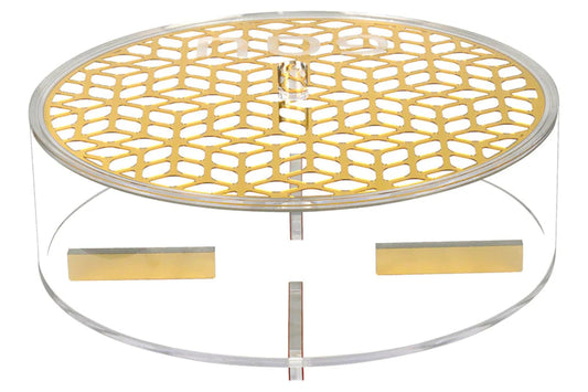 Lucite and Laser Cut Round Matzah Box - Elegant Passover Matzah Holder with Gold Accent - Pesach Serveware - Jewish Holiday Table Decor (Gold)