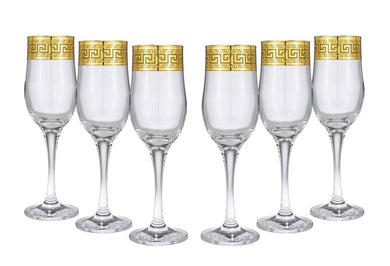 Crystal Gold Rimmed Champagne Flutes 'Antique Greek', Wine Glasses 6-pc Set Greek Key