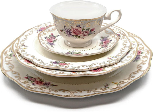 Royalty Porcelain 5-pc Famous Vintage Platinum Inspired Dinner Set for 1, Fine Porcelain