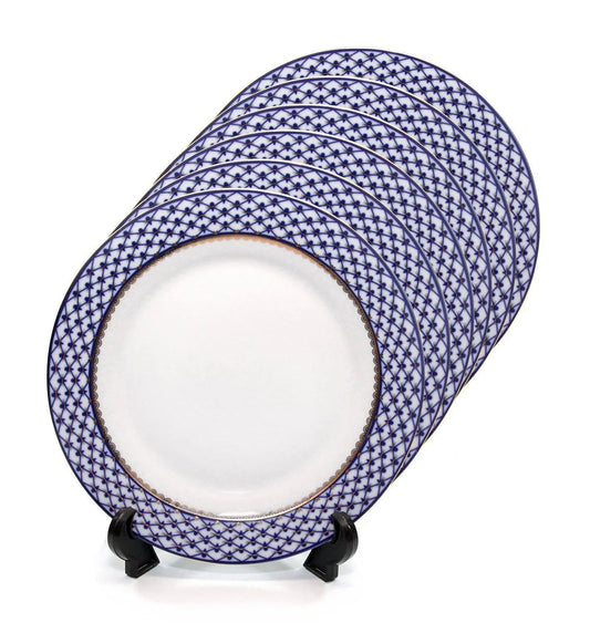 SET of 6 Dessert Plates 7.5" Lomonosov Porcelain - Russian Cobalt Blue Net, 24K