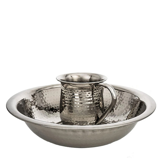 Judaica Stainless Steel Wash Cup and Bowl, Dual Handle Negel Vasser Cup