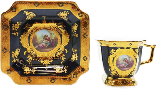 Royalty Porcelain Vintage Tea Set - Tea Party Set for Adults 17 Piece - Gorgeous Hand-Painted Ceramic - Includes Teapot, Tea Cups, Saucers, Sugar Pot, Creamer (Blue and Gold, Square)