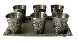 (D) Judaica Liquor Cups Set of 6 With Tray 6.5x4.75" (Pewter)