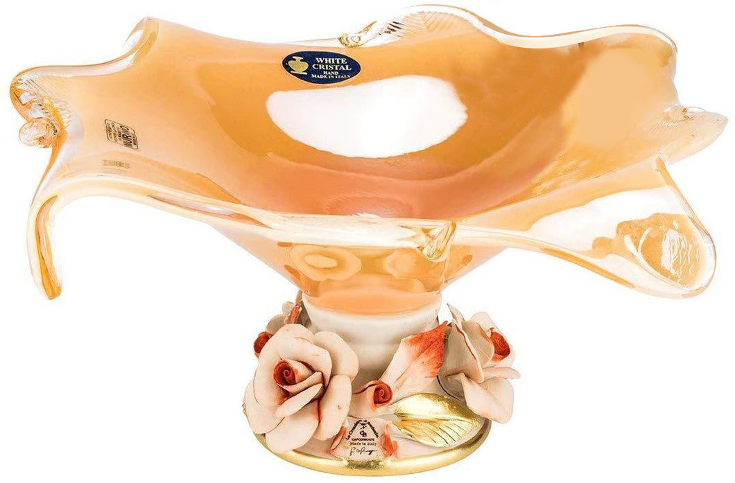 Wide Footed Fruit Bowl 'Omega' Murano Glass Serving Centerpiece 14 Inch (Orange)