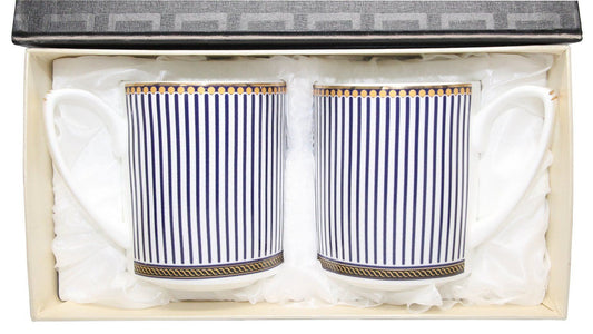Set of 2 Tea or Coffee Drinking Mugs w/ Blue Ribbons and Gold Ornament 12 oz
