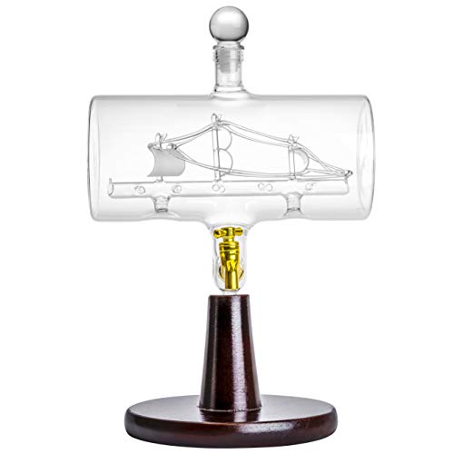 Large 40 Oz 'Magellan' Whiskey Dispenser/w Ship inside, Wooden Stand, Bar Funnel