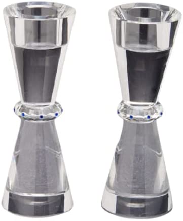 (D) Judaica Candlesticks Taper Candle Holder Crystal Blue Dot Jewish Set 2 Pc
