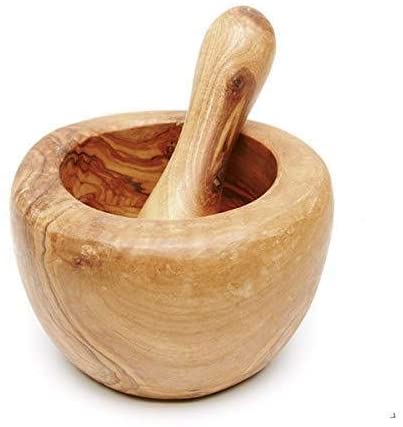 (D) Mortar and Pestle Set Olive Wood Laguiole Hand Made French Vintage (6 PC)