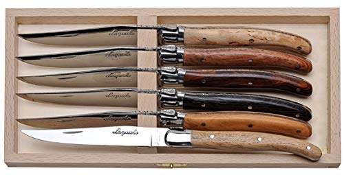 Side view of Laguiole steak knife set showing full knife profile and tray depth