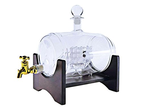 40oz 'Barrel' Liquor Decanter Ship, Wooden Stand, Bar Funnel, 2 Diamond GLasses