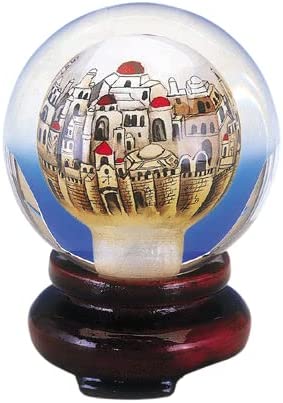 (D) Judaica Golden Jerusalem Crystal Paperweight Brown Wooden Base 2.5x2''