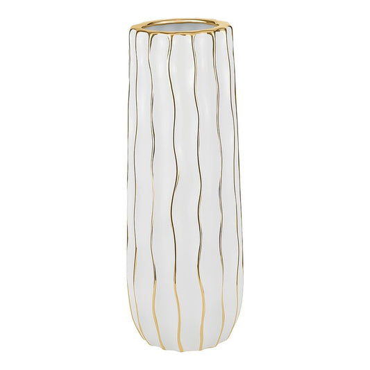 (D) Tall White Footed Vase Decorative Centerpiece, with Gold Wavy Design