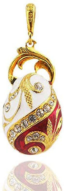 (D) Enamel Faberge Style Silver Egg Pendant with Swarovski (Red White)