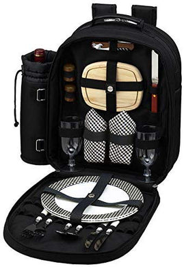 (D) 2 Person Picnic Backpack Bag, Full Equipment Set for Outdoor (Black)