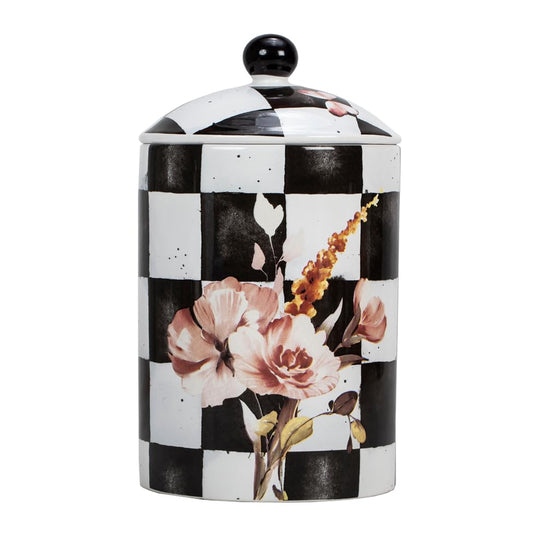 (D) Chic Checkered Porcelain Cookie Jar, Black and White