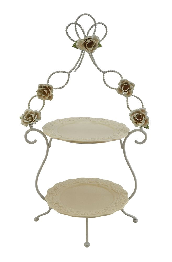 (D) 2-Tiered Ivory Serving Platter Stand 21x13 Inches