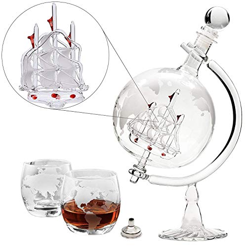Large Decanter Set – Whiskey Decanter with Wooden Stand, 2 Etched Globe Whiskey Glasses, and Funnel – Elegant Liquor Dispenser for Spirits