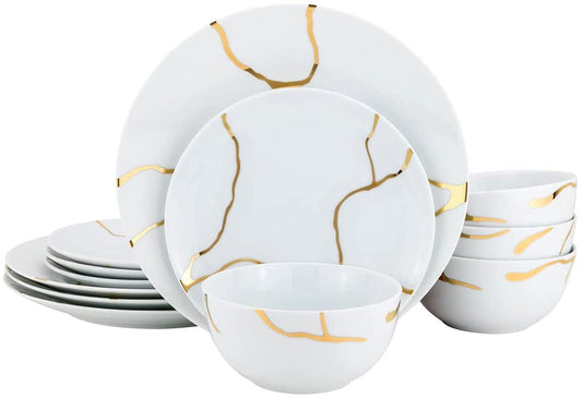 Royalty Porcelain 12-pc Bone China Dinner Set 'Storm' White with Gold