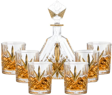 (D) Judaica Crystal Decanter Original Design Set with 6 Cups 21.9 Oz (Gold)
