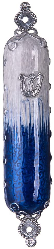 (D) Judaica Jeweled Royal Blue and Light Blue Enamel Mezuzah for Door 4.75 L