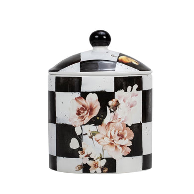(D) Chic Checkered Porcelain Cookie Jar, Black and White (Small)