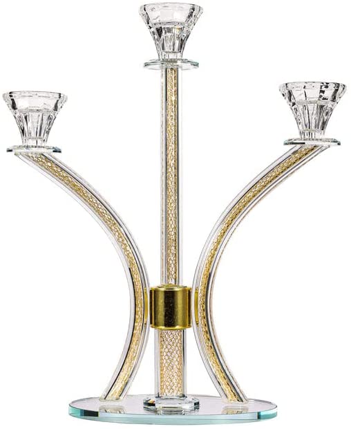 (D) Judaica Crystal Candelabra with Inner Net Design 3 Arms Candle Holder