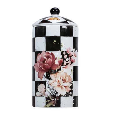 (D) Chic Checkered Porcelain Cookie Jar, Black and White (Large)