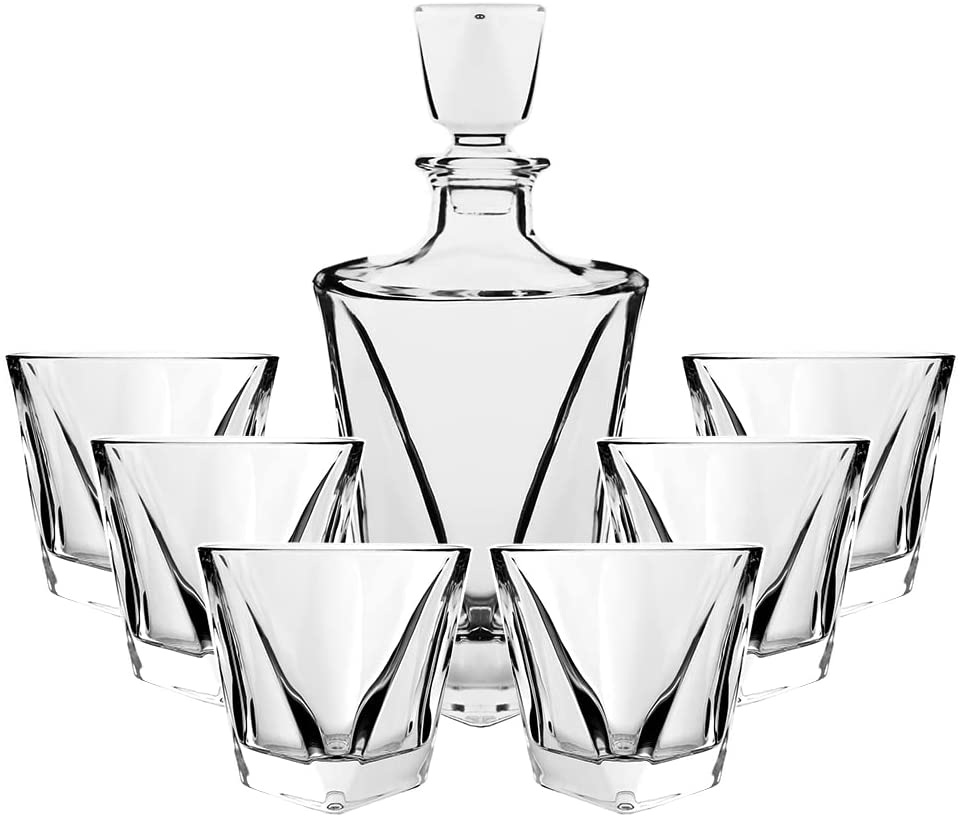 (D) Crystal Decanter For Cognac, Liquor Set with 6 Cups Clear 27 Oz
