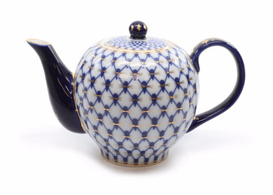 Royalty Porcelain Lomonosov Cobalt Blue Net Medium Teapot, Russian Pattern