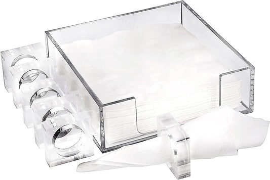 (D) Judaica Napkin Holder Set with 6 Napkin Rings for Table Acrylic White