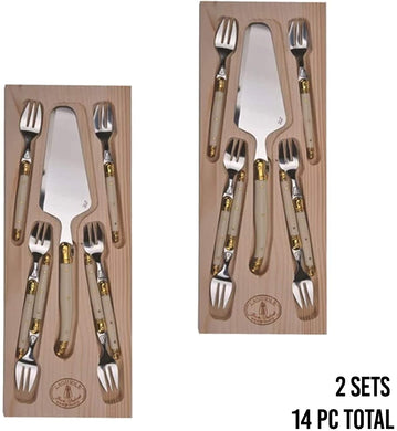 (D) Laguiole Flatware Jean Dubost 7 Pc Cake Set with Ivory Handles 2 PACK