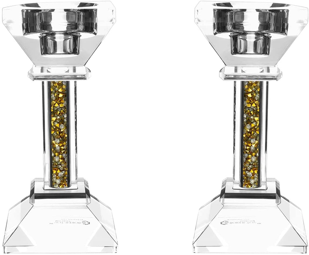 (D) Judaica Crystal Candlesticks with Stones Candle Holder (5.3'', Gold Silver)